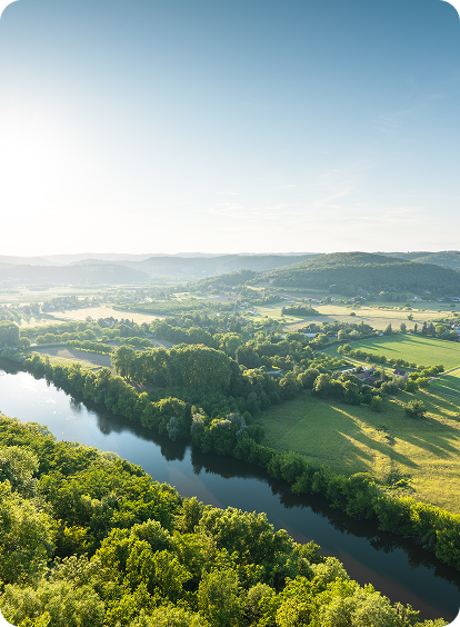 Vue aérienne d'une rivière et de forêts verdoyantes