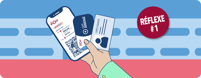 Passager dans le train tenant son billet et sa pièce d'identité, badge « Réflexe n°1 »