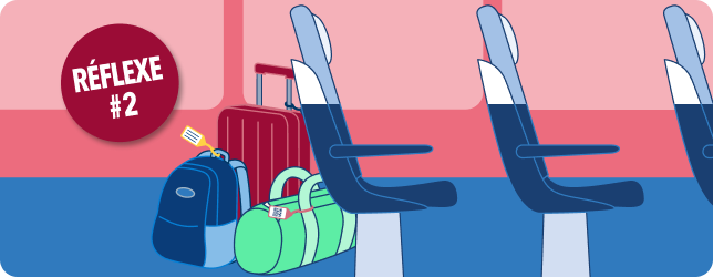 Intérieur du train avec bagages, vélo et animal de compagnie, badge « Réflexe n°2 »