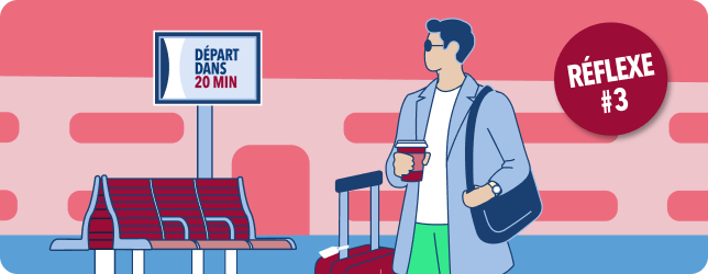 Passager avec valise se dirigeant vers le train, écran « Départ dans 20 min », badge « Réflexe n°3 »