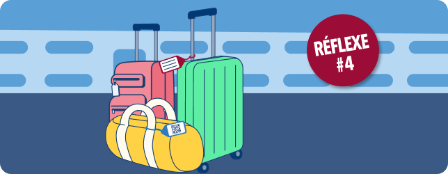 Bagages étiquetés posés dans le train, badge « Réflexe n°4 »