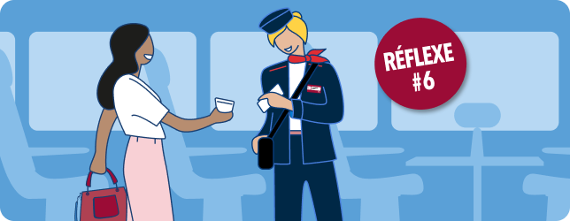 Chef de bord échangeant avec une passagère, badge « Réflexe n°6 »
