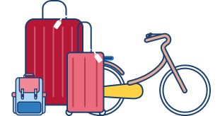Illustration de valises, d'un vélo et d'un sac
