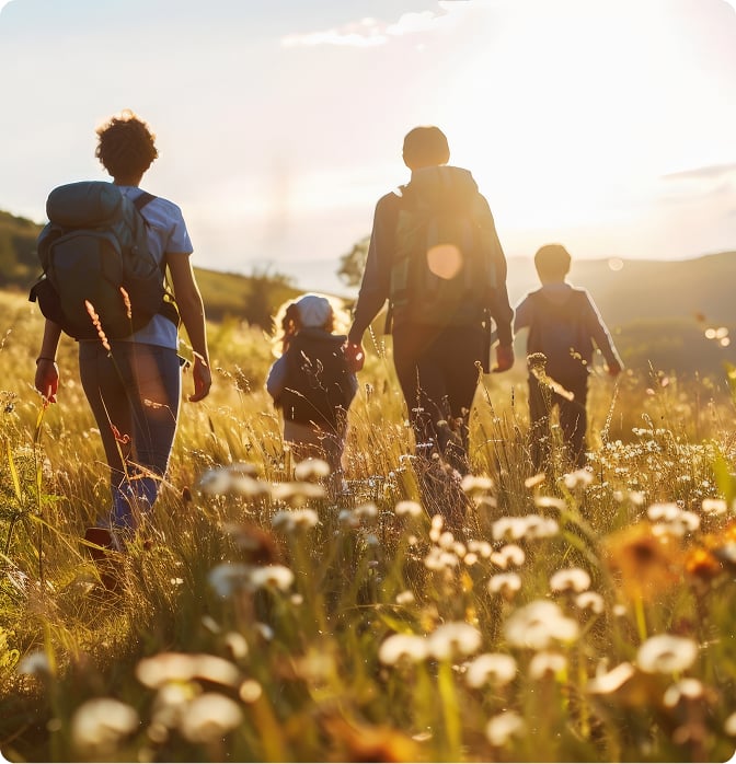Une famille marchant dans une prairie fleurie au coucher du soleil