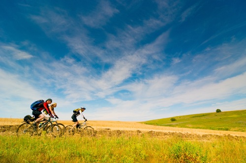 Deux cyclistes sur un chemin traversant des champs