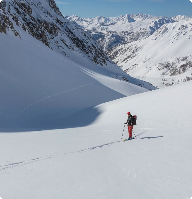 Un skieur sur une piste bordée de sapins enneigés