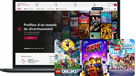 Portail de divertissement TGV INOUI affiché sur un ordinateur portable, entouré d’affiches de contenus LEGO.
