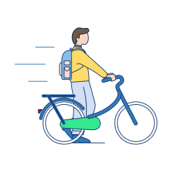 Illustration d’un cycliste marchant à côté de son vélo, un sac à dos sur les épaules